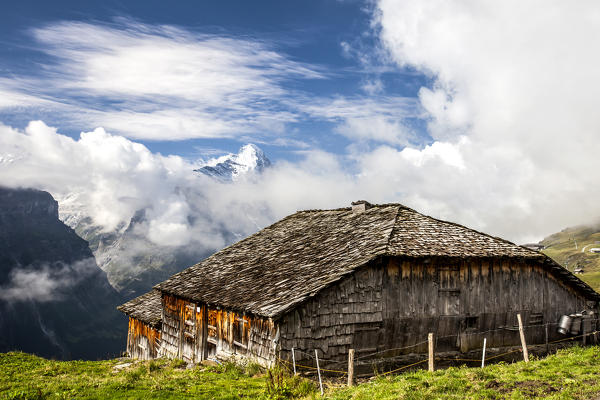 Wood hut with Mount Eiger in the background First Grindelwald  Bernese Oberland Canton of Berne Switzerland Europe