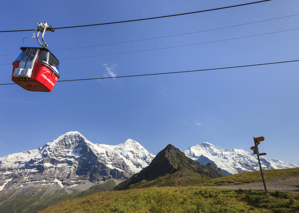 The red cable with Eiger Mount in the background Mannlichen Grindelwald Bernese Oberland Canton of Berne Switzerland Europe