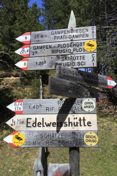 Signboards for hikers at Passo Delle Erbe. Sass de Putia. Puez Odle South Tyrol Dolomites Italy Europe