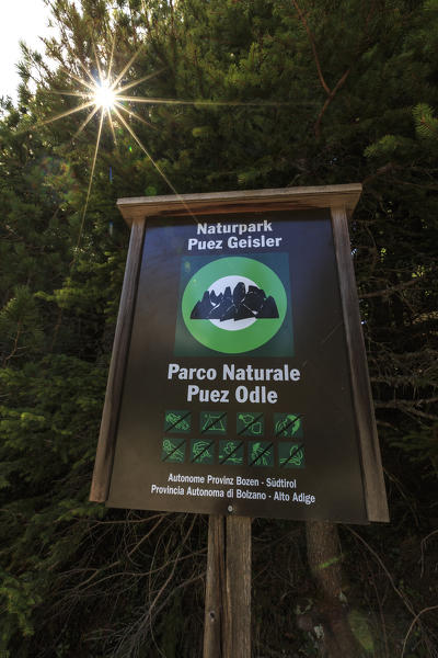 Signboards for tourists and hikers at Passo Delle Erbe. Sass de Putia. Puez Odle South Tyrol Dolomites Italy Europe
