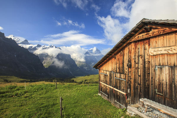 Wood hut with Mount Eiger in the background First Grindelwald  Bernese Oberland Canton of Berne Switzerland Europe