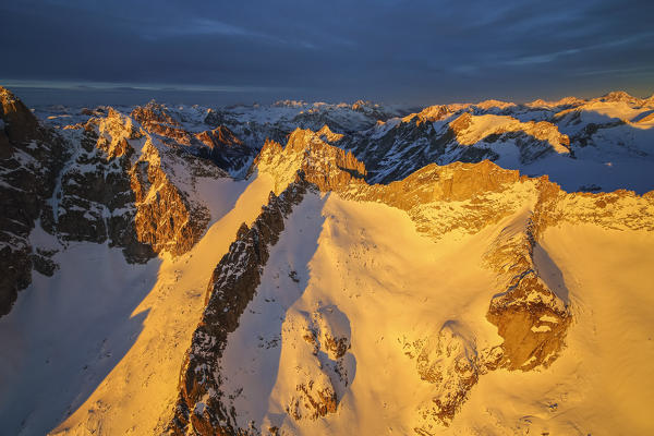 Aerial view of peaks Gemelli at sunset Masino Valley Valtellina Lombardy Italy Europe