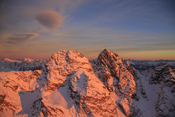 Aerial view of Corni Bruciati at sunset Masino Valley Valtellina Lombardy Italy Europe