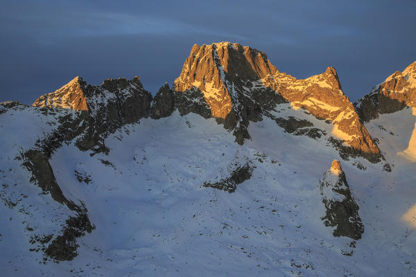 Aerial view of peak Badile at sunset Masino Valley Valtellina Lombardy Italy Europe