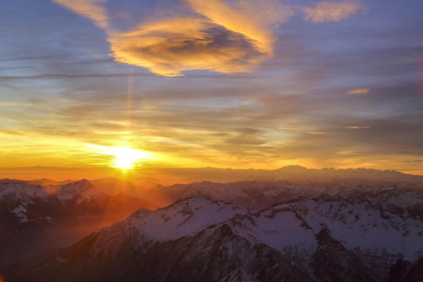 Aerial view of Masino Valley at sunset Valtellina Lombardy Italy Europe