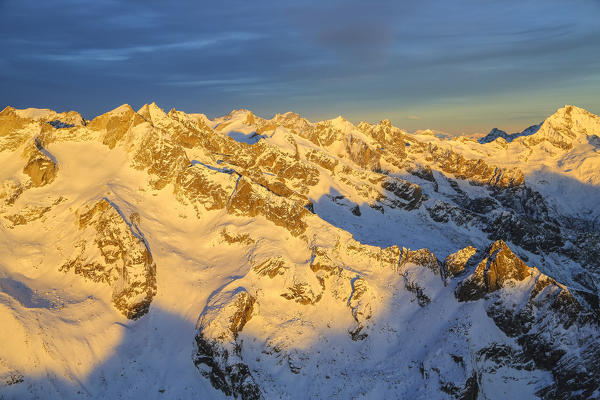 Aerial view Masino Valley at sunset Valtellina Lombardy Italy Europe