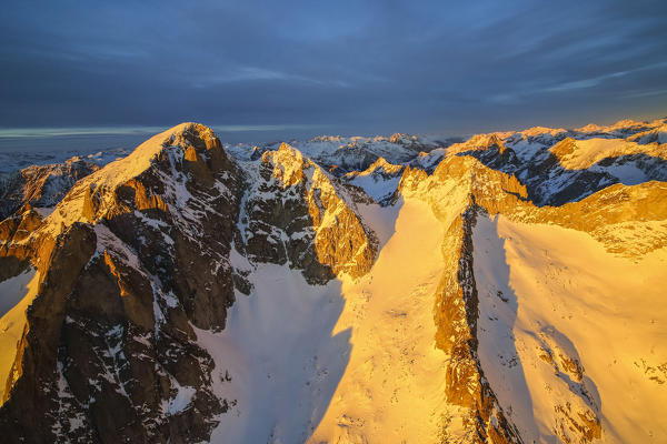 Aerial view of peak Cengalo at sunset Masino Valley Valtellina Lombardy Italy Europe