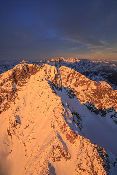 Aerial view of Mount Disgrazia and Bernina Group at sunset Masino Valley Valtellina Lombardy Italy Europe