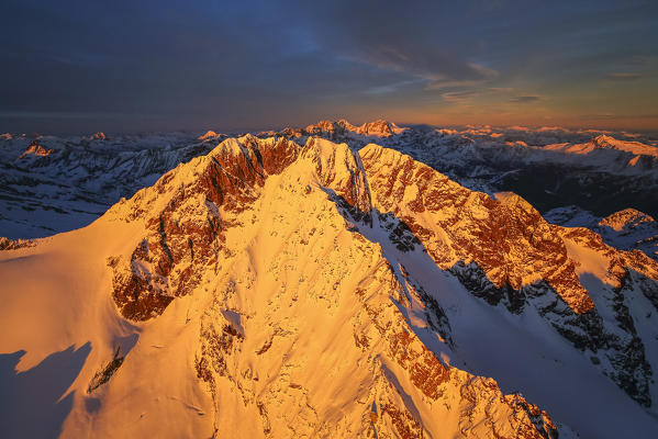 Aerial view of Mount Disgrazia at sunset Masino Valley Valtellina Lombardy Italy Europe
