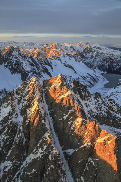 Aerial view of Masino Valley at sunset  Valtellina Lombardy Italy Europe