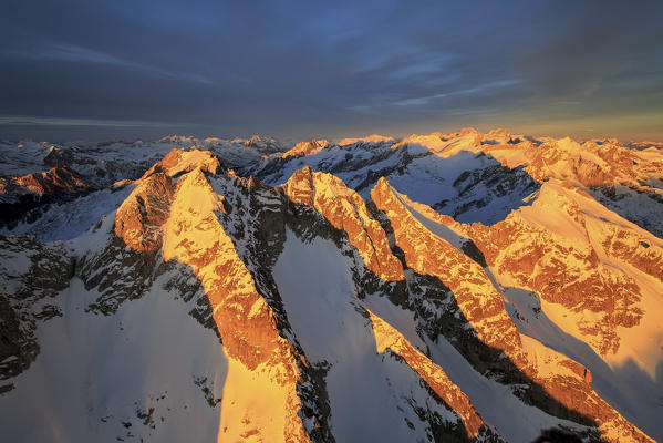 Aerial view of peaks Ferro and Bondasca at sunset Masino Valley Valtellina Lombardy Italy Europe