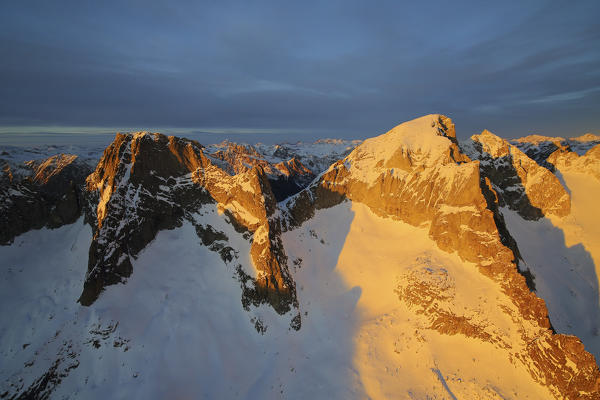 Aerial view of peak Badile and Cengalo at sunset Masino Valley Valtellina Lombardy Italy Europe