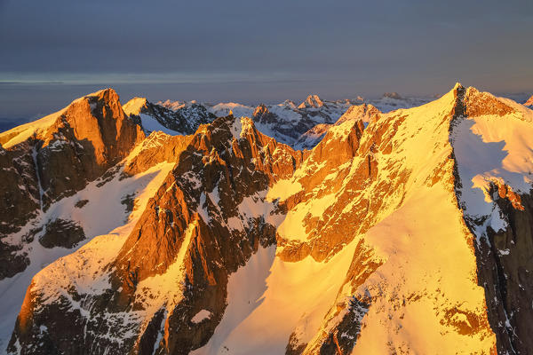 Aerial view of peaks Torrone and Cima of Castello at sunset Masino Valley Valtellina Lombardy Italy Europe
