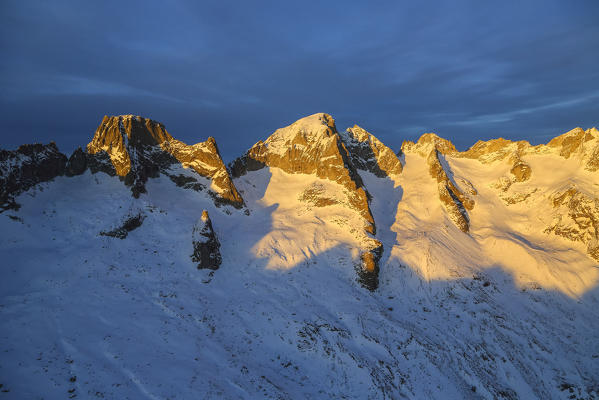 Aerial view of peak Badile and Cengalo at sunset Masino Valley Valtellina Lombardy Italy Europe