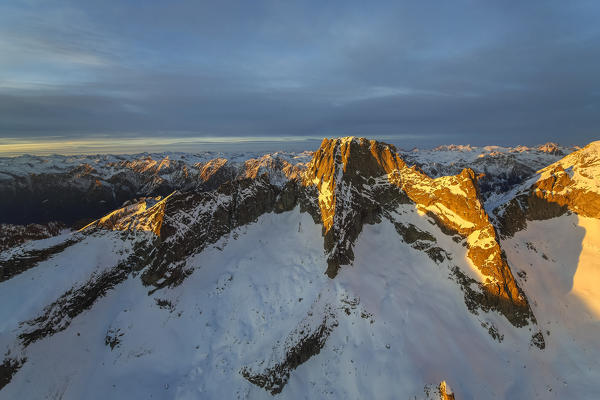 Aerial view of peak Badile at sunset Masino Valley Valtellina Lombardy Italy Europe