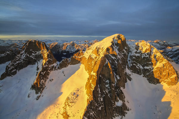 Aerial view of peak Badile and Cengalo at sunset Masino Valley Valtellina Lombardy Italy Europe