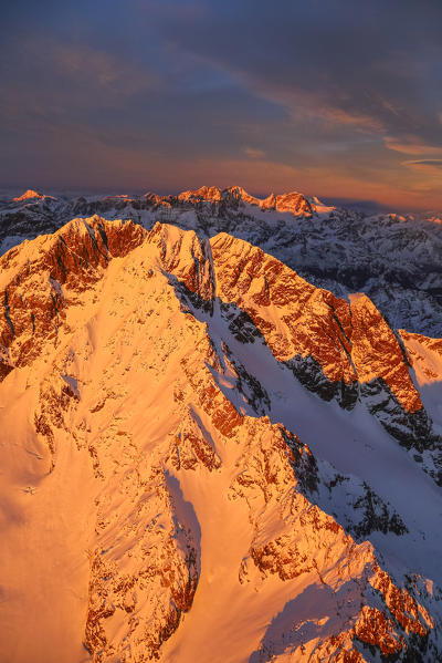 Aerial view of Mount Disgrazia and Bernina Group at sunset Masino Valley Valtellina Lombardy Italy Europe