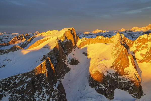 Aerial view of Cima of Castello at sunset Masino Valley Valtellina Lombardy Italy Europe