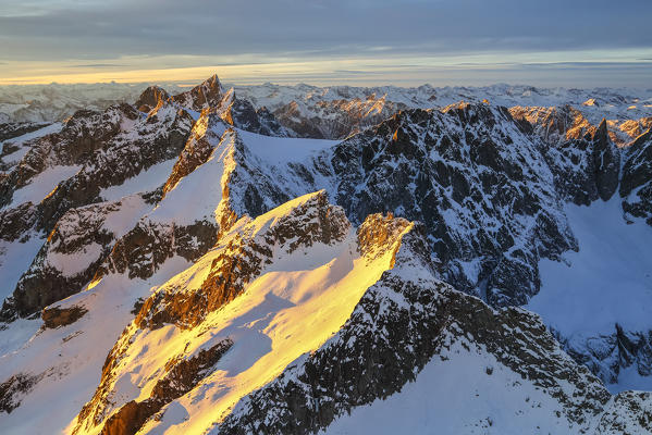 Aerial view of peaks Ferro and Cengalo at sunset Masino Valley Valtellina Lombardy Italy Europe