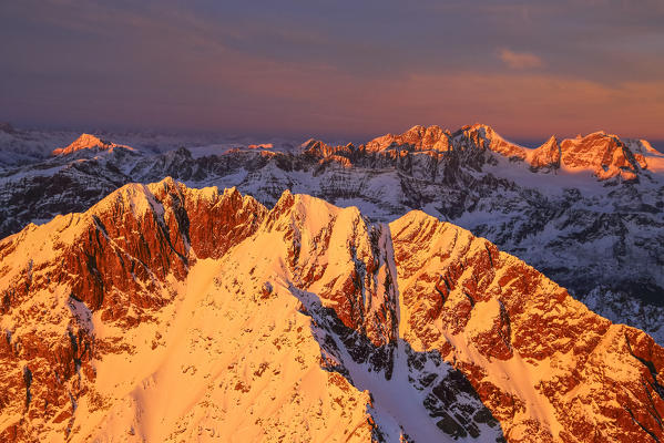 Aerial view of Mount Disgrazia and Bernina Group at sunset Masino Valley Valtellina Lombardy Italy Europe