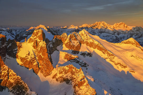 Aerial view of peaks Torrone and Bernina Group at sunset Masino Valley Valtellina Lombardy Italy Europe