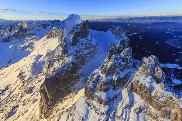 Aerial view of Catinaccio Group and Vajolet Towers at sunset. Sciliar Natural Park Dolomites Trentino Alto Adige Italy Europe