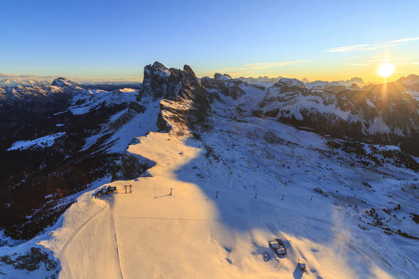 Aerial view of the Odle at sunset. Dolomites Gardena Valley Trentino Alto Adige Italy Europe