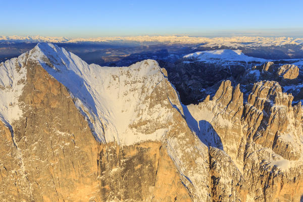 Aerial view of Catinaccio Group and Vajolet Towers at sunset. Sciliar Natural Park Dolomites Trentino Alto Adige Italy Europe