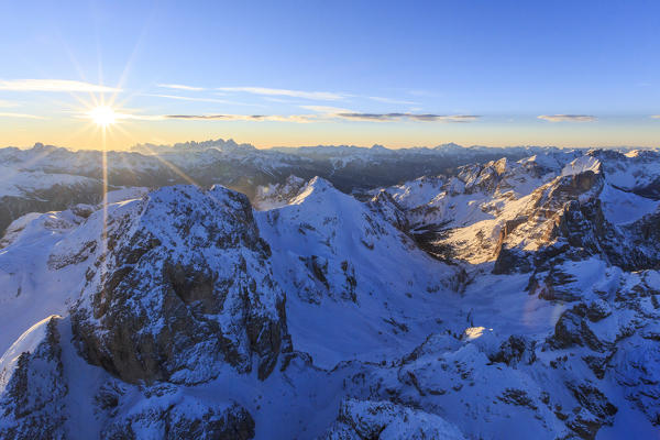Aerial view of Catinaccio Group at sunset. Sciliar Natural Park Dolomites Trentino Alto Adige Italy Europe