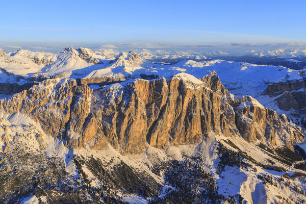 Aerial view of the Odle at sunset. Dolomites Gardena Valley Trentino Alto Adige Italy Europe