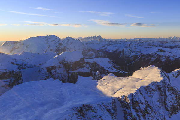 Aerial view of Marmolada Group at sunset. Dolomites Sella Group Trentino Alto Adige Italy Europe