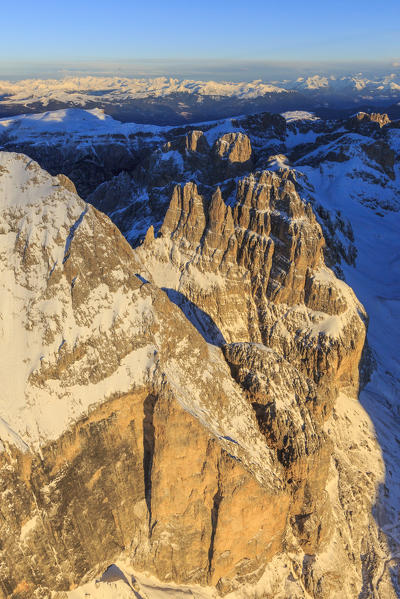 Aerial view of Catinaccio Group and Vajolet Towers at sunset. Sciliar Natural Park Dolomites Trentino Alto Adige Italy Europe