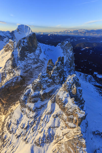 Aerial view of Catinaccio Group and Vajolet Towers at sunset. Sciliar Natural Park Dolomites Trentino Alto Adige Italy Europe