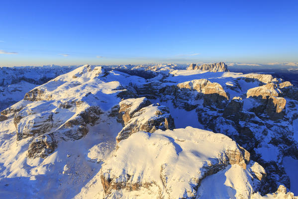 Aerial view of Sella Group and peak Boe at sunset. Dolomites Trentino Alto Adige Italy Europe