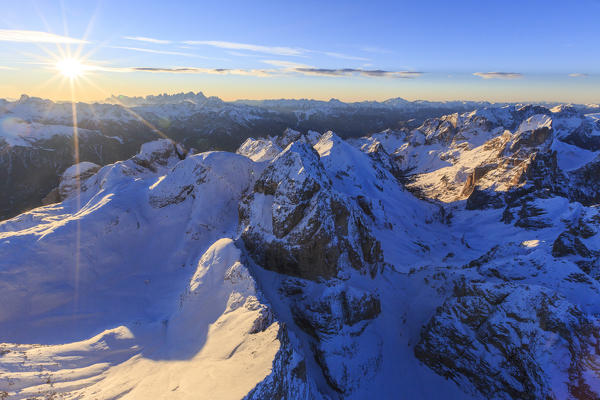Aerial view of Catinaccio Group at sunset. Sciliar Natural Park Dolomites Trentino Alto Adige Italy Europe