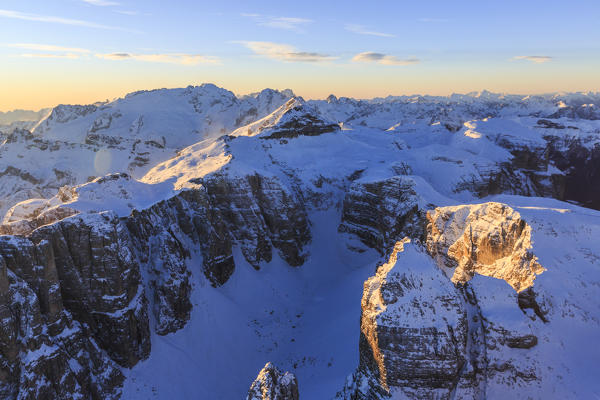 Aerial view of  Boe peak and Marmolada Group at sunset. Dolomites Sella Group Trentino Alto Adige Italy Europe