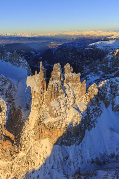 Aerial view of Catinaccio Group and Vajolet Towers at sunset. Sciliar Natural Park Dolomites Trentino Alto Adige Italy Europe