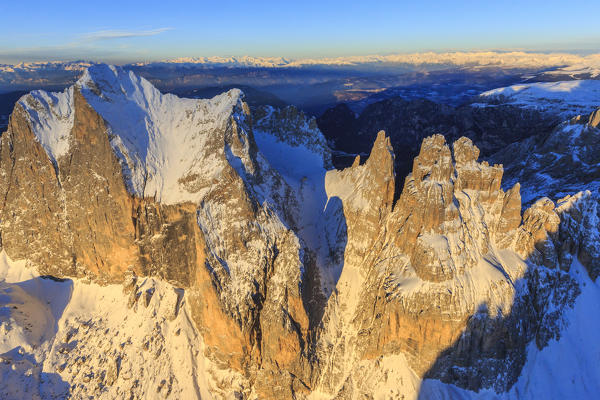 Aerial view of Catinaccio Group and Vajolet Towers at sunset. Sciliar Natural Park Dolomites Trentino Alto Adige Italy Europe