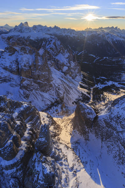Aerial view of Catinaccio Group at sunset. Sciliar Natural Park Dolomites Trentino Alto Adige Italy Europe
