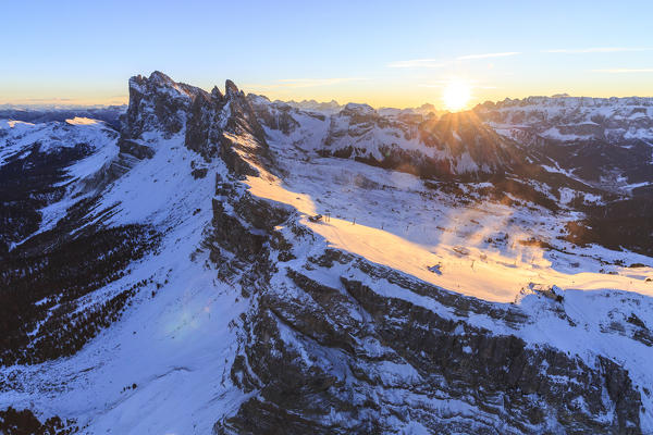 Aerial view of the Odle at sunset. Dolomites Gardena Valley Trentino Alto Adige Italy Europe