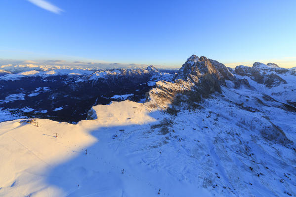 Aerial view of the Odle at sunset. Dolomites Gardena Valley Trentino Alto Adige Italy Europe