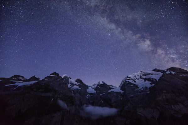 Starry night at Lake Oeschinensee Bernese Oberland Kandersteg Canton of Bern Switzerland Europe