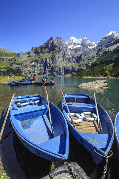 Boat trip around Lake  Oeschinensee Bernese Oberland Kandersteg Canton of Bern Switzerland Europe