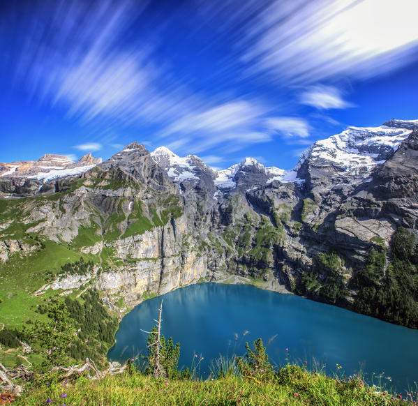 Summer view of Lake Oeschinensee Bernese Oberland Kandersteg Canton of Bern Switzerland Europe