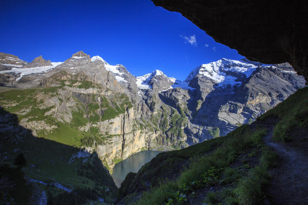 Summer view of Lake Oeschinensee Bernese Oberland Kandersteg Canton of Bern Switzerland Europe