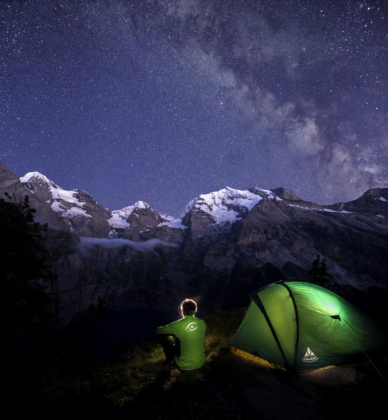 Night camping around Lake Oeschinensee Bernese Oberland Kandersteg Canton of Bern Switzerland Europe