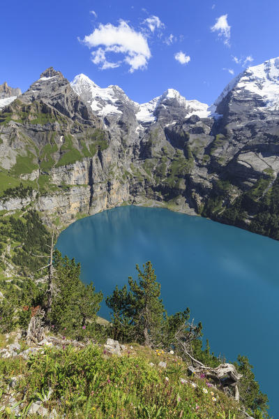 Summer view of Lake Oeschinensee Bernese Oberland Kandersteg Canton of Bern Switzerland Europe