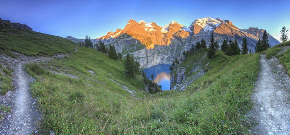 Panoramic Sunset on Lake Oeschinensee Bernese Oberland Kandersteg Canton of Bern Switzerland Europe