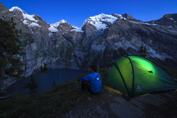 Night camping around Lake Oeschinensee Bernese Oberland Kandersteg Canton of Bern Switzerland Europe