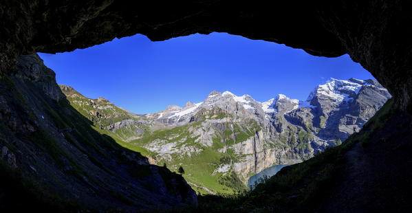 Summer view of Lake Oeschinensee Bernese Oberland Kandersteg Canton of Bern Switzerland Europe